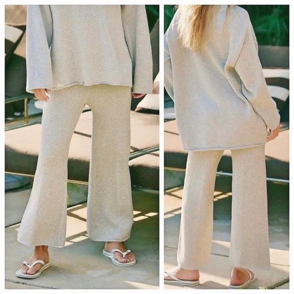 FREE PEOPLE Hailee Waffle Knit Wide Leg Relaxed Pull On Pants in Light Grey sz S - Picture 2 of 13